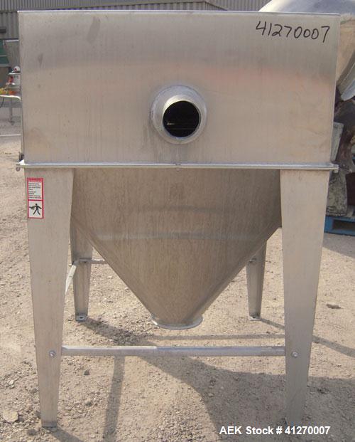 Used Hapman Non-Filtered Bag Dump Station, 304 stainless steel. Dump area 36" wide x 36" deep, hinged front door, 6’’ back opening, no product grate. Coned bottom hopper, 8" outlet. Mounted on 4 stai...
