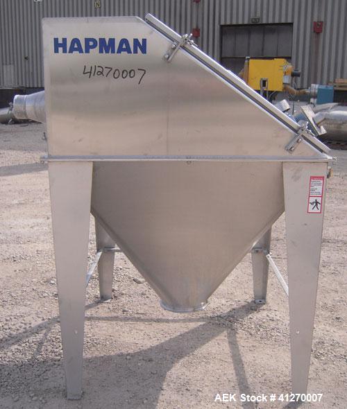 Used Hapman Non-Filtered Bag Dump Station, 304 stainless steel. Dump area 36" wide x 36" deep, hinged front door, 6’’ back opening, no product grate. Coned bottom hopper, 8" outlet. Mounted on 4 stai...