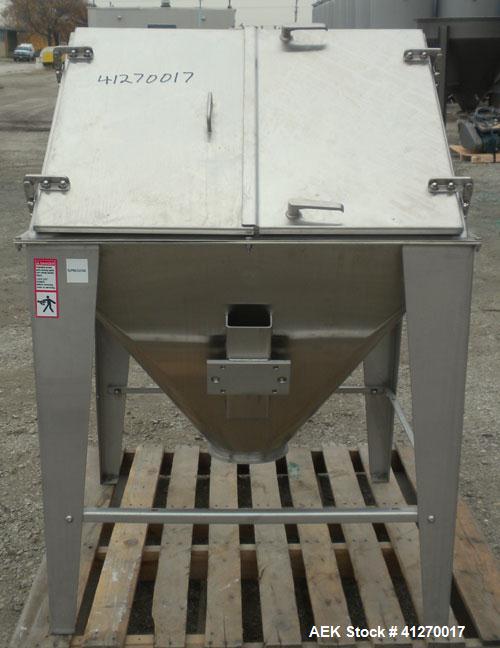 Used Hapman Bag Break/ Dump Station, 304 Stainless Steel. Dump area 36" long x 36" wide x 16" high x 28" cone. Hinged front doors and product grate. 8" bottom outlet. Mounted on 4 stainless steel leg...