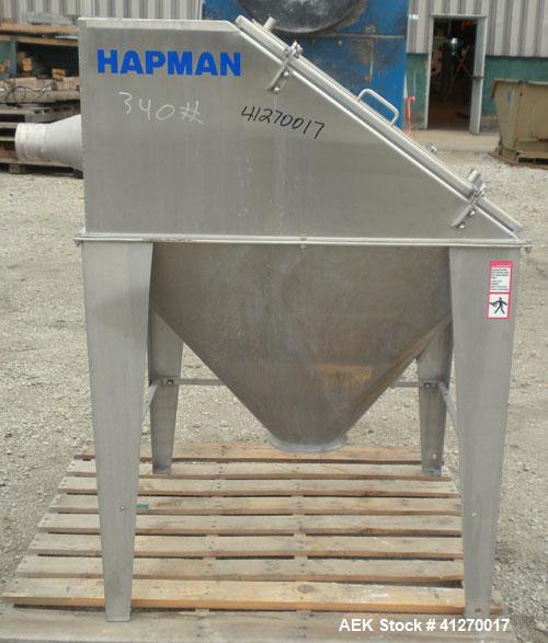 Used Hapman Bag Break/ Dump Station, 304 Stainless Steel. Dump area 36" long x 36" wide x 16" high x 28" cone. Hinged front doors and product grate. 8" bottom outlet. Mounted on 4 stainless steel leg...