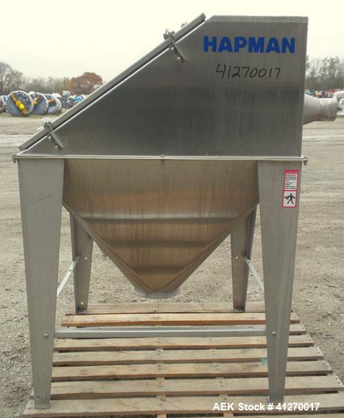 Used Hapman Bag Break/ Dump Station, 304 Stainless Steel. Dump area 36" long x 36" wide x 16" high x 28" cone. Hinged front doors and product grate. 8" bottom outlet. Mounted on 4 stainless steel leg...
