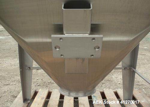 Used Hapman Bag Break/ Dump Station, 304 Stainless Steel. Dump area 36" long x 36" wide x 16" high x 28" cone. Hinged front doors and product grate. 8" bottom outlet. Mounted on 4 stainless steel leg...