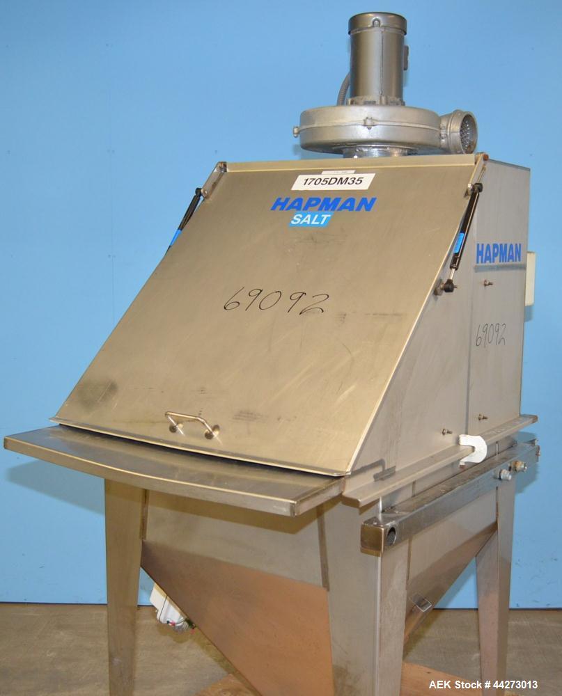 Used Hapman Vibrating Dump Station, Stainless Steel. Includes a Dust Collector. Approximate 30” long x 16” wide x 37” high dump area with grate. Dust Collector with Pulsing Air System for Cleaning Fi...
