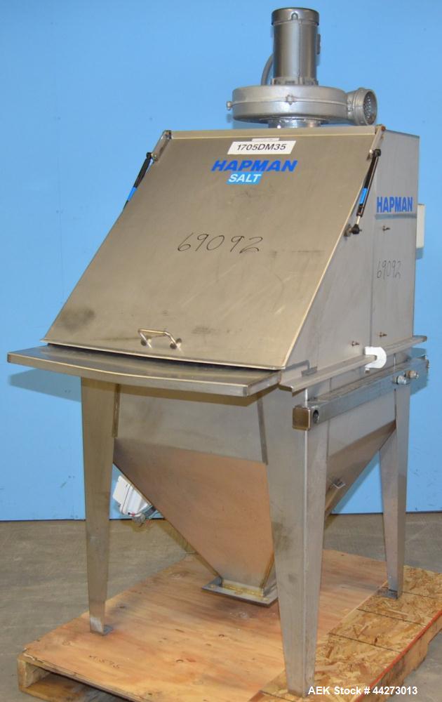 Used Hapman Vibrating Dump Station, Stainless Steel. Includes a Dust Collector. Approximate 30” long x 16” wide x 37” high dump area with grate. Dust Collector with Pulsing Air System for Cleaning Fi...