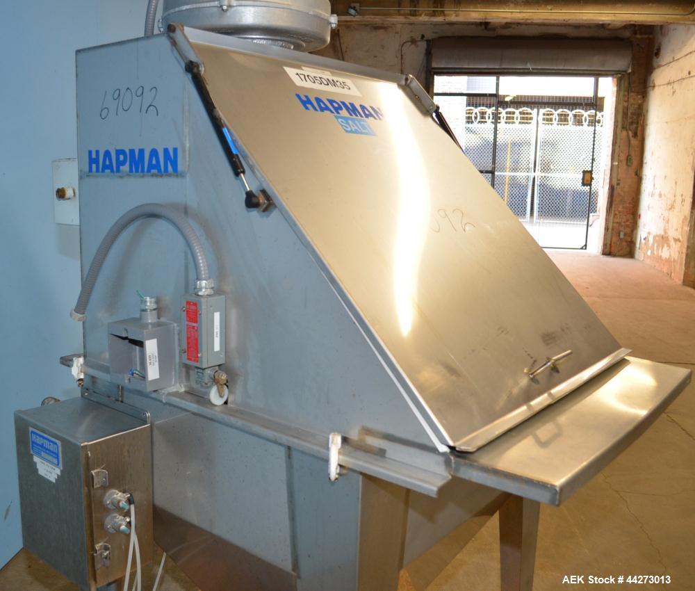 Used Hapman Vibrating Dump Station, Stainless Steel. Includes a Dust Collector. Approximate 30” long x 16” wide x 37” high dump area with grate. Dust Collector with Pulsing Air System for Cleaning Fi...