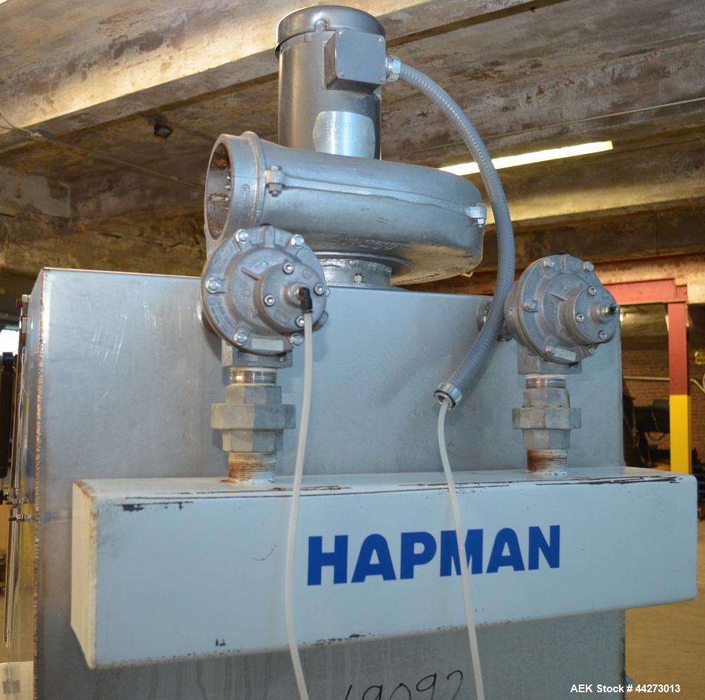 Used Hapman Vibrating Dump Station, Stainless Steel. Includes a Dust Collector. Approximate 30” long x 16” wide x 37” high dump area with grate. Dust Collector with Pulsing Air System for Cleaning Fi...