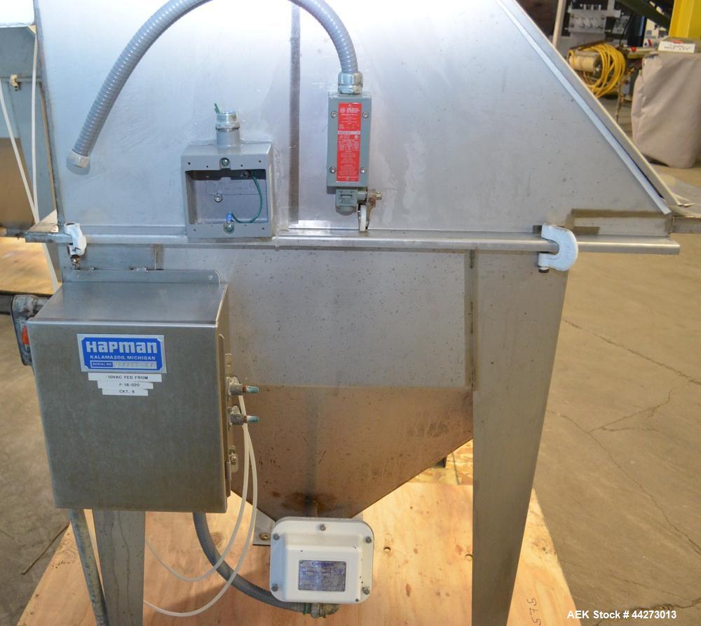 Used Hapman Vibrating Dump Station, Stainless Steel. Includes a Dust Collector. Approximate 30” long x 16” wide x 37” high dump area with grate. Dust Collector with Pulsing Air System for Cleaning Fi...