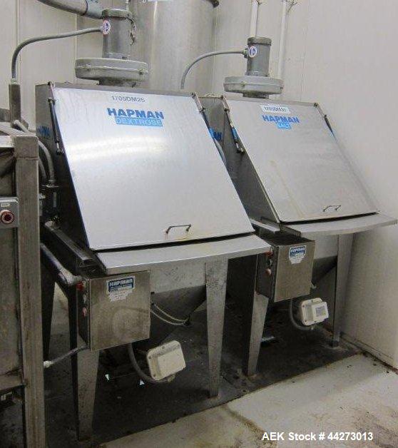 Used Hapman Vibrating Dump Station, Stainless Steel. Includes a Dust Collector. Approximate 30” long x 16” wide x 37” high dump area with grate. Dust Collector with Pulsing Air System for Cleaning Fi...