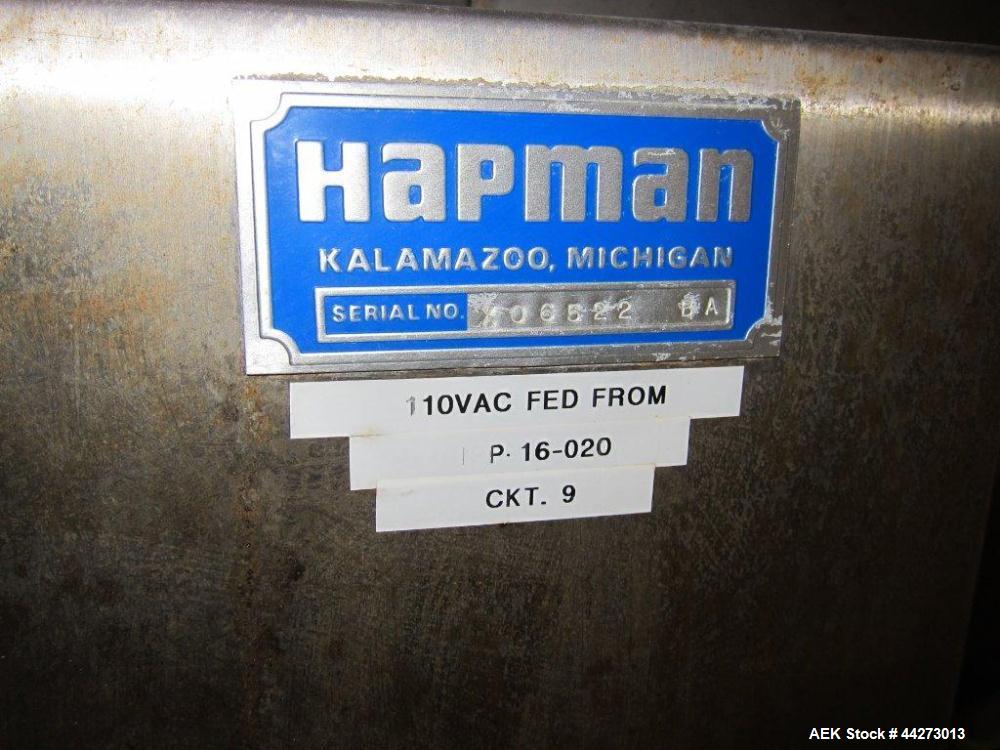 Used Hapman Vibrating Dump Station, Stainless Steel. Includes a Dust Collector. Approximate 30” long x 16” wide x 37” high dump area with grate. Dust Collector with Pulsing Air System for Cleaning Fi...