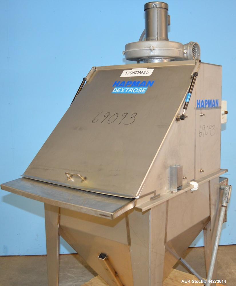 Used Hapman Vibrating Dump Station, Stainless Steel. Includes a Dust Collector. Approximate 30” long x 16” wide x 37” high dump area with grate. Dust Collector with Pulsing Air System for Cleaning Fi...