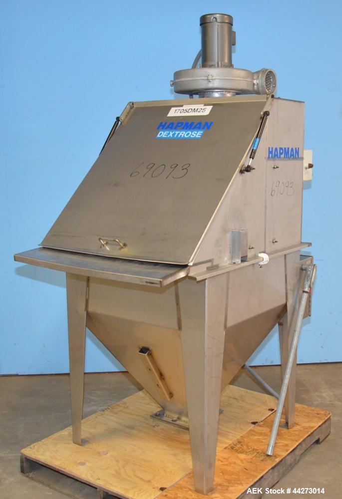 Used Hapman Vibrating Dump Station, Stainless Steel. Includes a Dust Collector. Approximate 30” long x 16” wide x 37” high dump area with grate. Dust Collector with Pulsing Air System for Cleaning Fi...