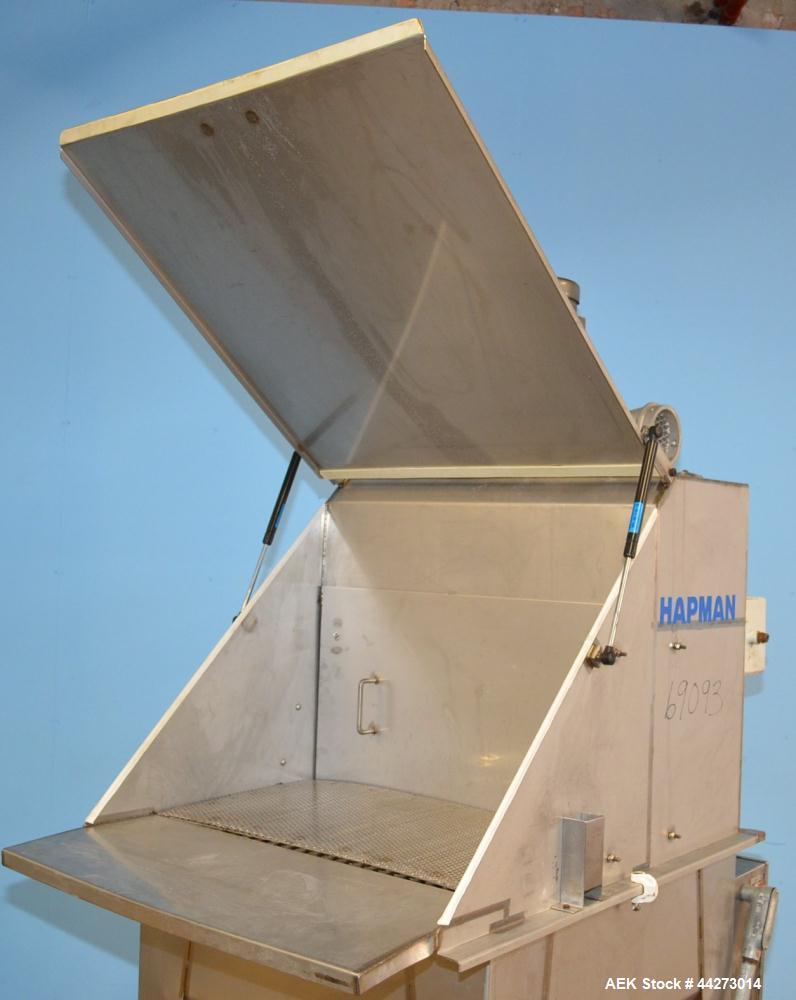 Used Hapman Vibrating Dump Station, Stainless Steel. Includes a Dust Collector. Approximate 30” long x 16” wide x 37” high dump area with grate. Dust Collector with Pulsing Air System for Cleaning Fi...