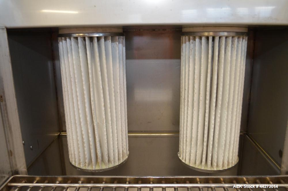 Used Hapman Vibrating Dump Station, Stainless Steel. Includes a Dust Collector. Approximate 30” long x 16” wide x 37” high dump area with grate. Dust Collector with Pulsing Air System for Cleaning Fi...