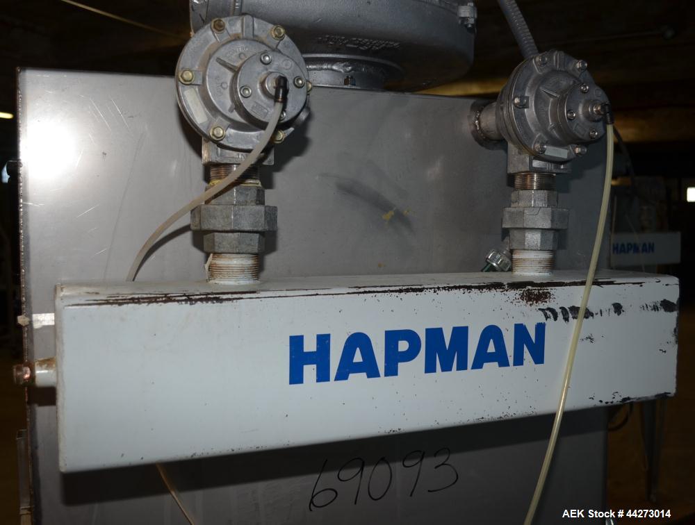 Used Hapman Vibrating Dump Station, Stainless Steel. Includes a Dust Collector. Approximate 30” long x 16” wide x 37” high dump area with grate. Dust Collector with Pulsing Air System for Cleaning Fi...