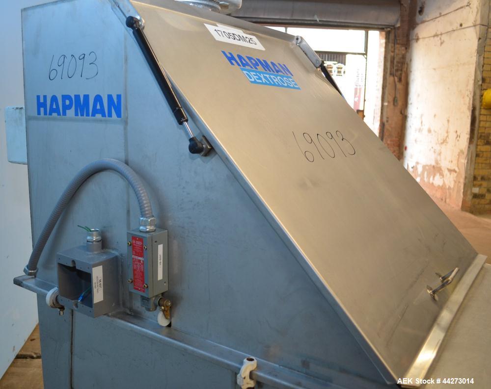 Used Hapman Vibrating Dump Station, Stainless Steel. Includes a Dust Collector. Approximate 30” long x 16” wide x 37” high dump area with grate. Dust Collector with Pulsing Air System for Cleaning Fi...