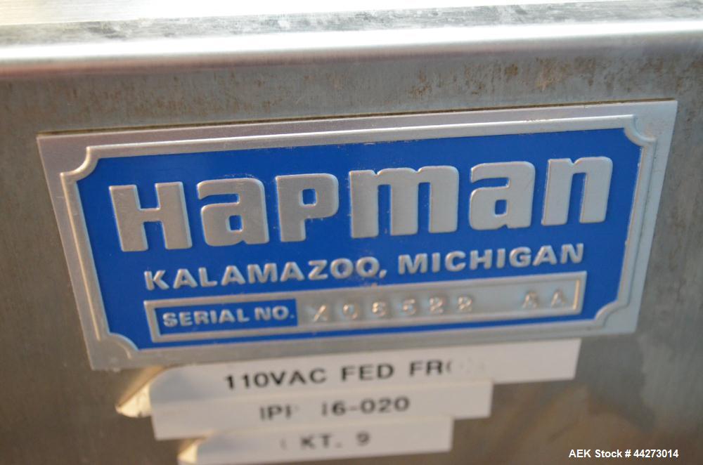 Used Hapman Vibrating Dump Station, Stainless Steel. Includes a Dust Collector. Approximate 30” long x 16” wide x 37” high dump area with grate. Dust Collector with Pulsing Air System for Cleaning Fi...