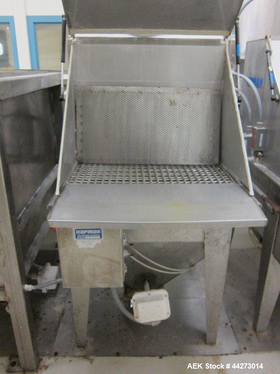 Used Hapman Vibrating Dump Station, Stainless Steel. Includes a Dust Collector. Approximate 30” long x 16” wide x 37” high dump area with grate. Dust Collector with Pulsing Air System for Cleaning Fi...