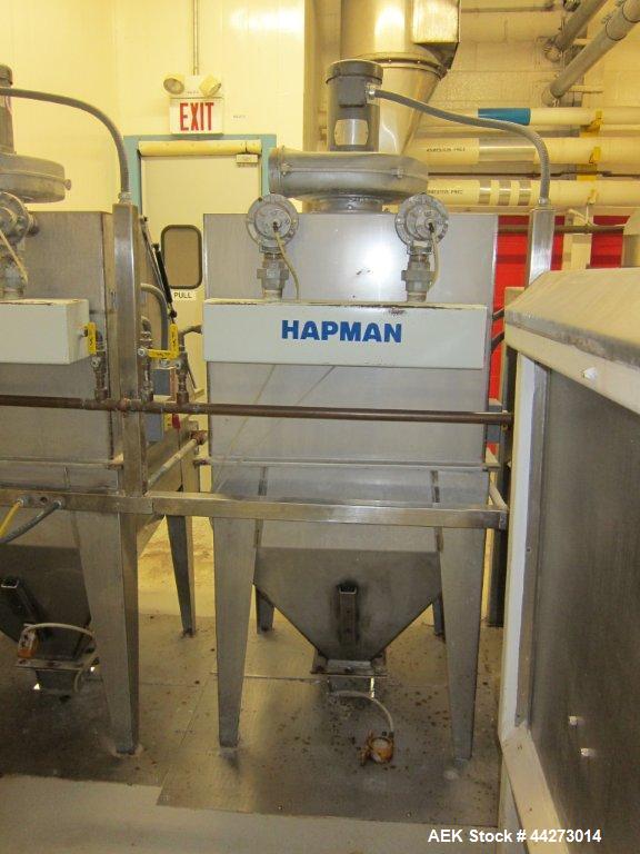 Used Hapman Vibrating Dump Station, Stainless Steel. Includes a Dust Collector. Approximate 30” long x 16” wide x 37” high dump area with grate. Dust Collector with Pulsing Air System for Cleaning Fi...