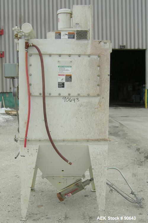 Used: MAC bag dump station, model SB12, carbon steel. 39" X 39" X 20" coned bottom. Front door (missing grates). Includes a top mounted filter with blower.