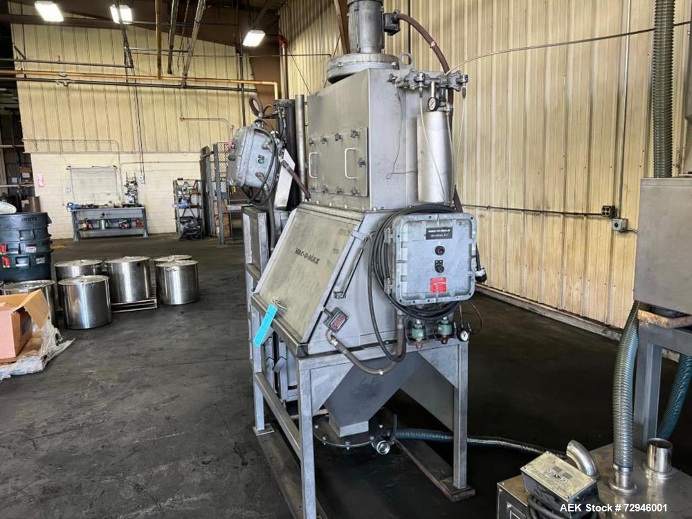 Used Vac-U-Max XP Stainless Steel Bag Dump Station with integrated dust collection and empty bag compaction. Top mount blower, 6 bags. Hydraulically operated bag compactor.