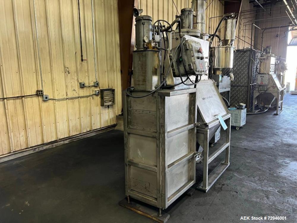 Used Vac-U-Max XP Stainless Steel Bag Dump Station with integrated dust collection and empty bag compaction. Top mount blower, 6 bags. Hydraulically operated bag compactor.