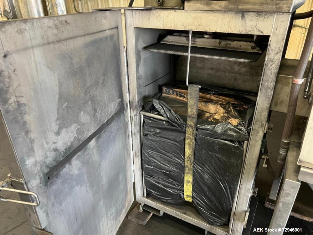 Used Vac-U-Max XP Stainless Steel Bag Dump Station with integrated dust collection and empty bag compaction. Top mount blower, 6 bags. Hydraulically operated bag compactor.