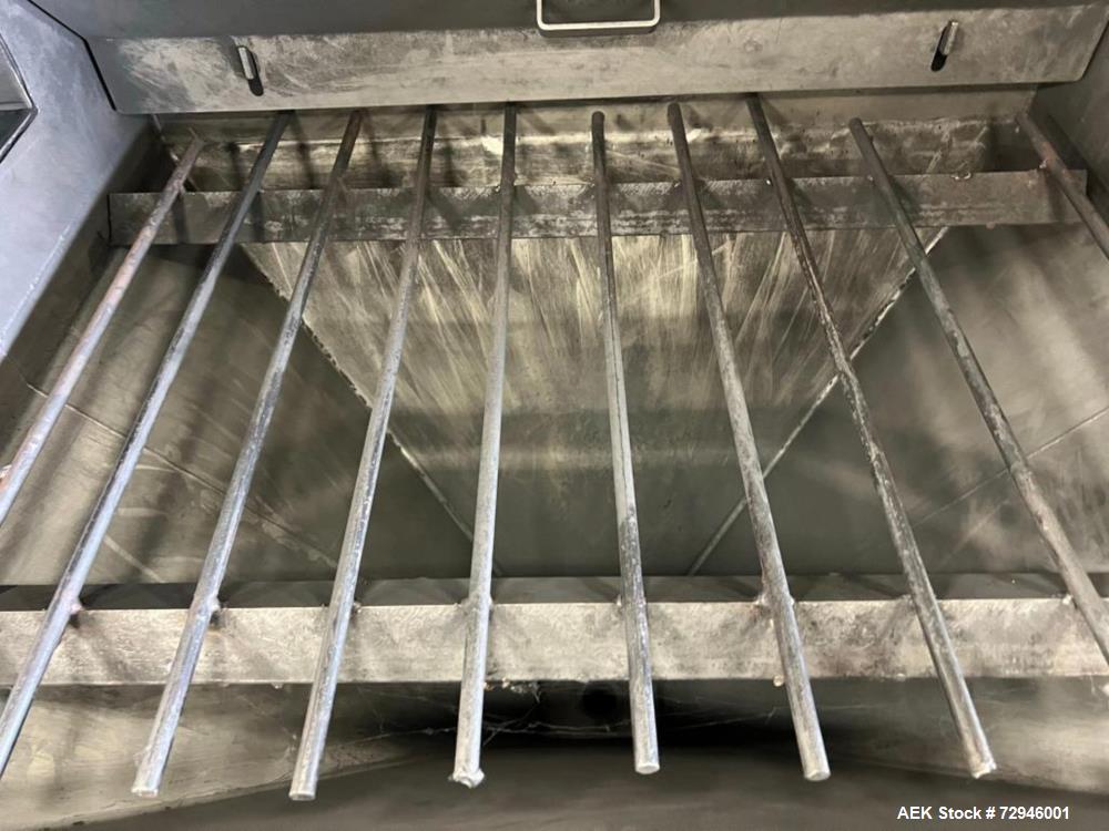 Used Vac-U-Max XP Stainless Steel Bag Dump Station with integrated dust collection and empty bag compaction. Top mount blower, 6 bags. Hydraulically operated bag compactor.