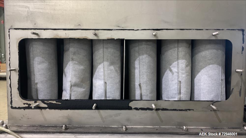 Used Vac-U-Max XP Stainless Steel Bag Dump Station with integrated dust collection and empty bag compaction. Top mount blower, 6 bags. Hydraulically operated bag compactor.