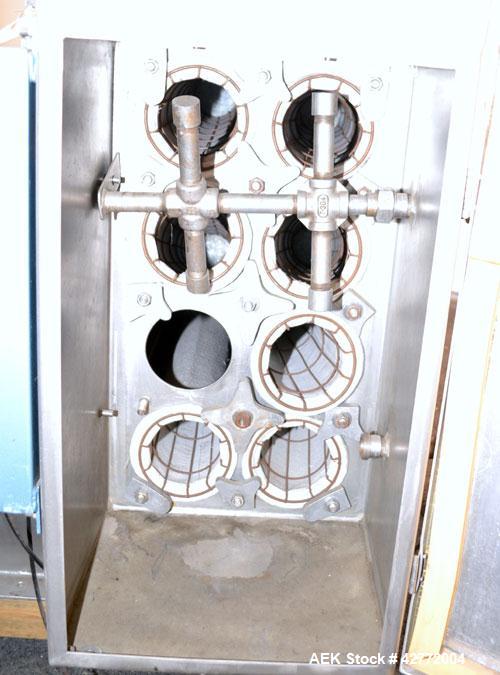 Used Young Industries Filtered Bag Dump Station, Size FBD 42-8. 304 Stainless Steel. 45’’ Wide  x 24’’ deep dump area. (7) Filter cages, (1) top mounted blower, driven by a 1-1/2 hp, 3/60/230/460 vol...