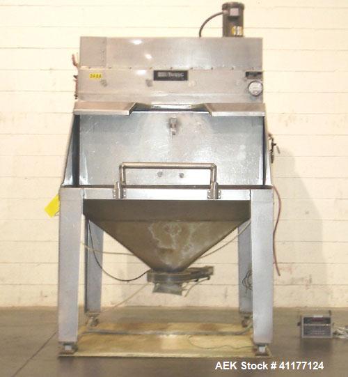 Used Young Industries Filtered Bag Dump Station, model FBD10-8-C, stainless steel. Top mounted blower, coned bottom outlet. Work area with grate.