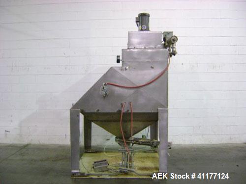Used Young Industries Filtered Bag Dump Station, model FBD10-8-C, stainless steel. Top mounted blower, coned bottom outlet. Work area with grate.