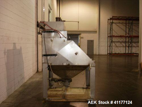 Used Young Industries Filtered Bag Dump Station, model FBD10-8-C, stainless steel. Top mounted blower, coned bottom outlet. Work area with grate.