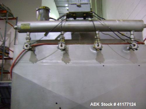 Used Young Industries Filtered Bag Dump Station, model FBD10-8-C, stainless steel. Top mounted blower, coned bottom outlet. Work area with grate.