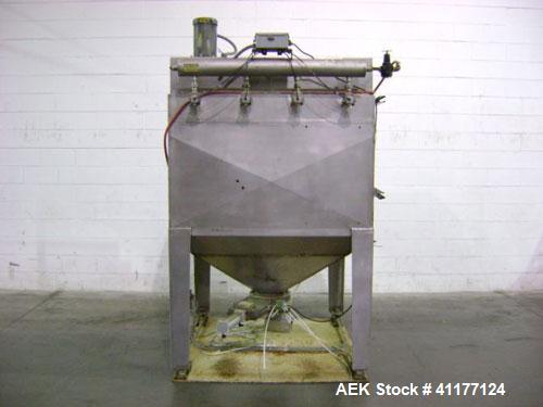 Used Young Industries Filtered Bag Dump Station, model FBD10-8-C, stainless steel. Top mounted blower, coned bottom outlet. Work area with grate.