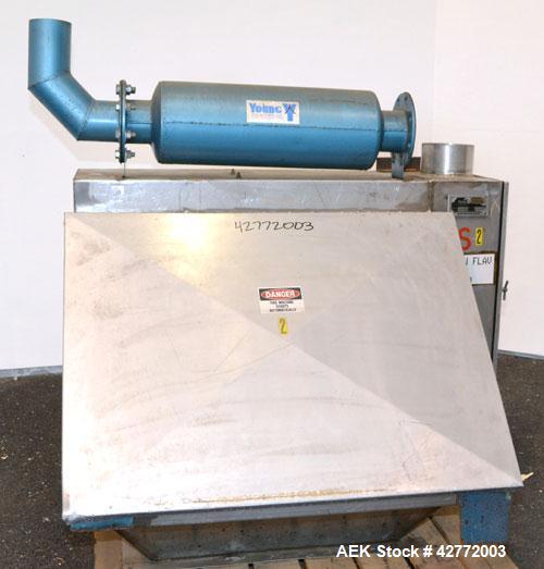 Used Young Industries Filtered Bag Dump Station, Size H42-8. 304 Stainless Steel. 45’’ Wide  x 24’’ deep dump area. (8) Filter cages, no blower, hinged front aluminum door. Requires legs.