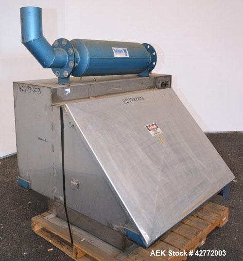 Used Young Industries Filtered Bag Dump Station, Size H42-8. 304 Stainless Steel. 45’’ Wide  x 24’’ deep dump area. (8) Filter cages, no blower, hinged front aluminum door. Requires legs.