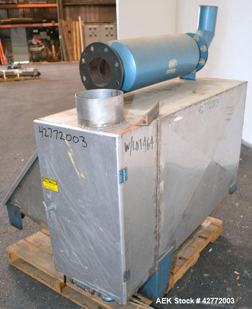 Used Young Industries Filtered Bag Dump Station, Size H42-8. 304 Stainless Steel. 45’’ Wide  x 24’’ deep dump area. (8) Filter cages, no blower, hinged front aluminum door. Requires legs.