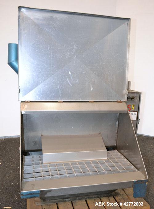 Used Young Industries Filtered Bag Dump Station, Size H42-8. 304 Stainless Steel. 45’’ Wide  x 24’’ deep dump area. (8) Filter cages, no blower, hinged front aluminum door. Requires legs.