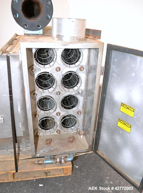Used Young Industries Filtered Bag Dump Station, Size H42-8. 304 Stainless Steel. 45’’ Wide  x 24’’ deep dump area. (8) Filter cages, no blower, hinged front aluminum door. Requires legs.