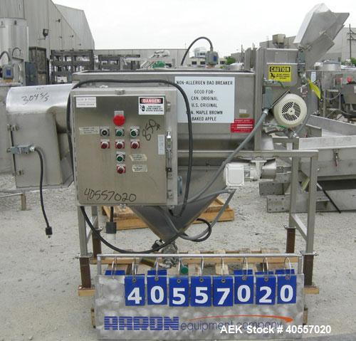 Used Product Saver bag breaker, model P.S. 241, 304 stainless steel. Manual feed with chute, ideal for pouches up to 1 pound. (2) approximately 6" diameter bag opening blades, driven by a 3/4 hp 3/60...