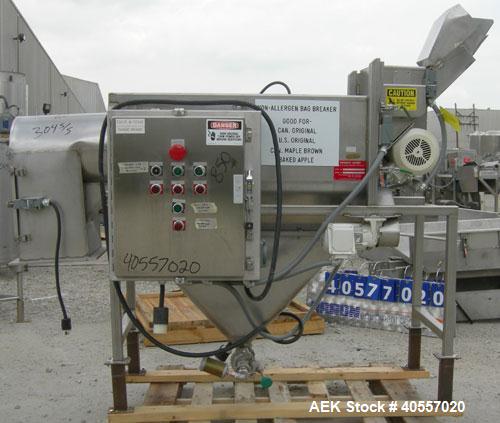 Used Product Saver bag breaker, model P.S. 241, 304 stainless steel. Manual feed with chute, ideal for pouches up to 1 pound. (2) approximately 6" diameter bag opening blades, driven by a 3/4 hp 3/60...