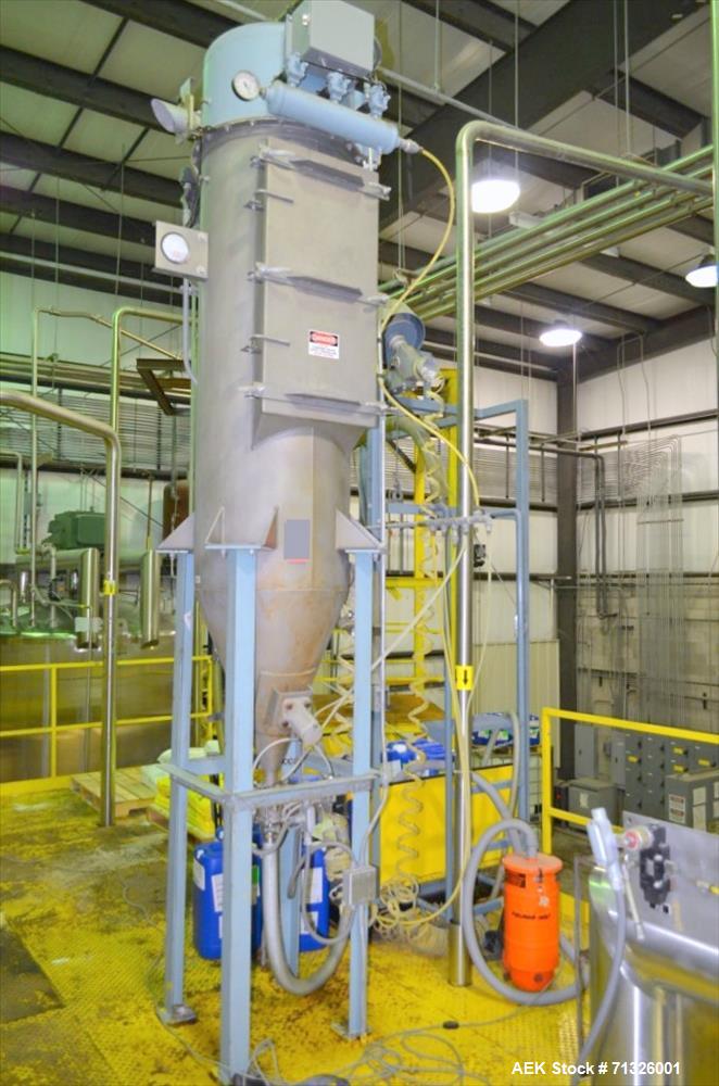 Used Blending Enzyme System including Top Mounted Super Sack Bag Unloading System with Hanger, Vacuum, Dust Filter, Blower, Wall Mounted Carbon Steel Electrical Enclosure Panel with Mettler Toledo Pa...
