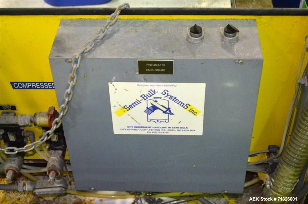 Used Blending Enzyme System including Top Mounted Super Sack Bag Unloading System with Hanger, Vacuum, Dust Filter, Blower, Wall Mounted Carbon Steel Electrical Enclosure Panel with Mettler Toledo Pa...