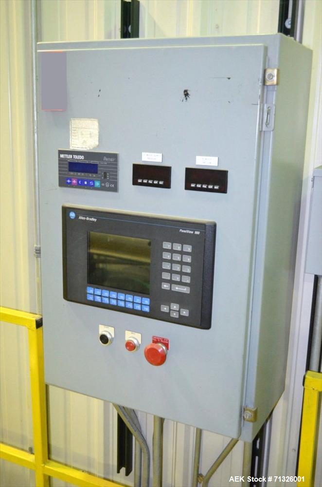 Used Blending Enzyme System including Top Mounted Super Sack Bag Unloading System with Hanger, Vacuum, Dust Filter, Blower, Wall Mounted Carbon Steel Electrical Enclosure Panel with Mettler Toledo Pa...