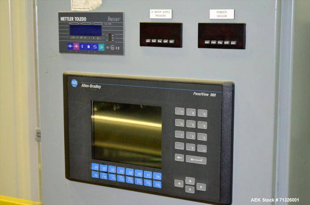 Used Blending Enzyme System including Top Mounted Super Sack Bag Unloading System with Hanger, Vacuum, Dust Filter, Blower, Wall Mounted Carbon Steel Electrical Enclosure Panel with Mettler Toledo Pa...