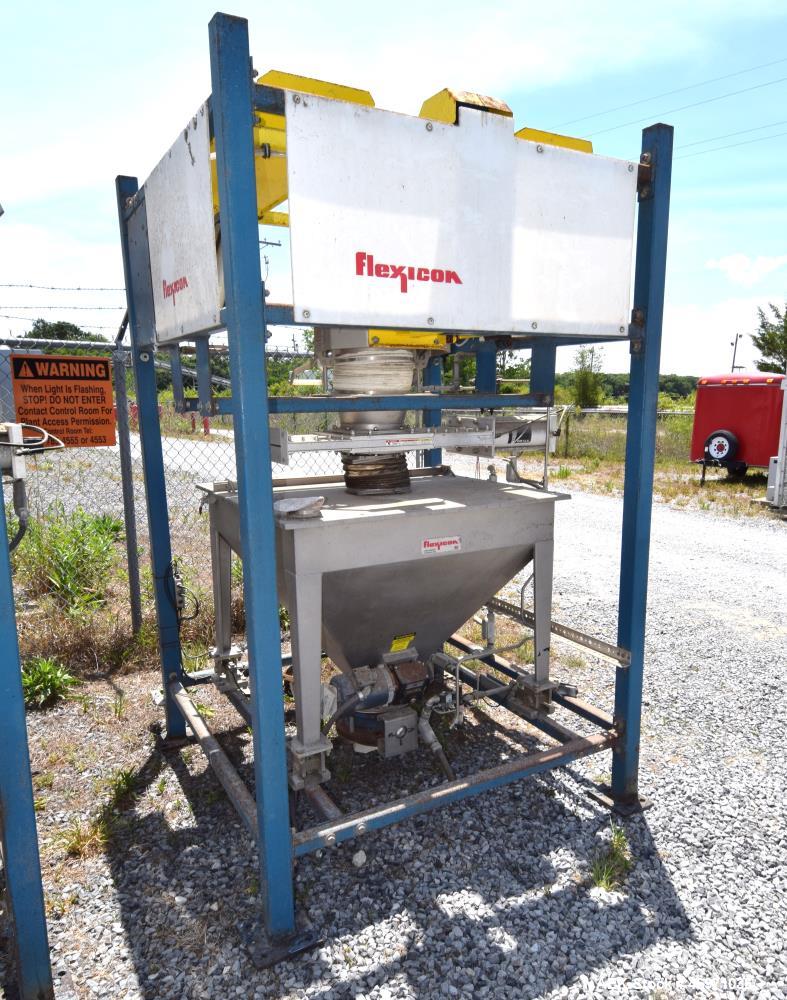 Used Flexicon BFH-C-X Half Frame Bulk Bag Discharger Frame. Includes (2) air operated bag holders, (1) Tele-Tube telescoping tube, (1) Salina Vortex slide valve, (1) Flexicon agitated hopper, (1) bal...
