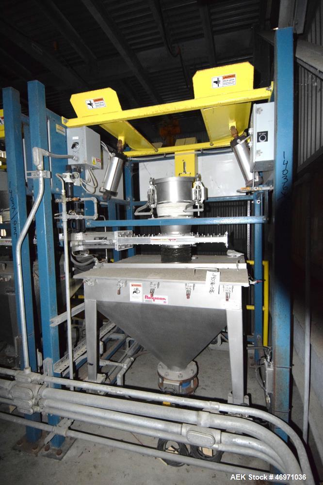 Used Flexicon BFH-C-X Half Frame Bulk Bag Discharger Frame. Includes (2) air operated bag holders, (1) Tele-Tube telescoping tube, (1) Salina Vortex slide valve, (1) Flexicon agitated hopper, (1) bal...