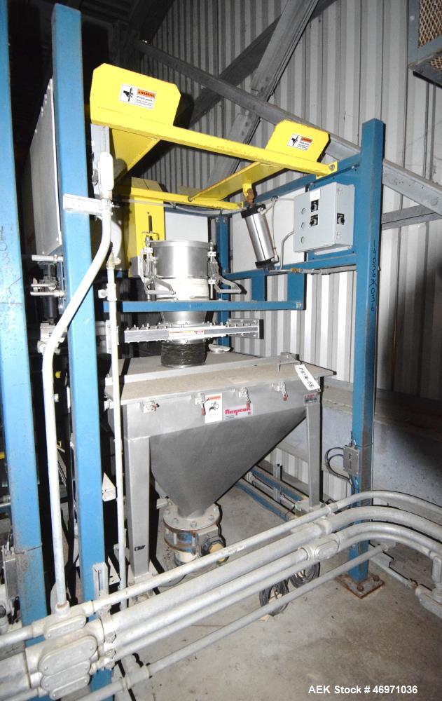 Used Flexicon BFH-C-X Half Frame Bulk Bag Discharger Frame. Includes (2) air operated bag holders, (1) Tele-Tube telescoping tube, (1) Salina Vortex slide valve, (1) Flexicon agitated hopper, (1) bal...