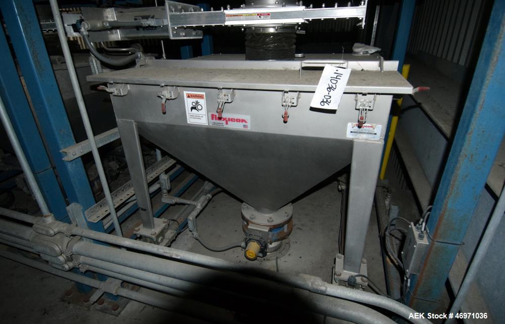 Used Flexicon BFH-C-X Half Frame Bulk Bag Discharger Frame. Includes (2) air operated bag holders, (1) Tele-Tube telescoping tube, (1) Salina Vortex slide valve, (1) Flexicon agitated hopper, (1) bal...