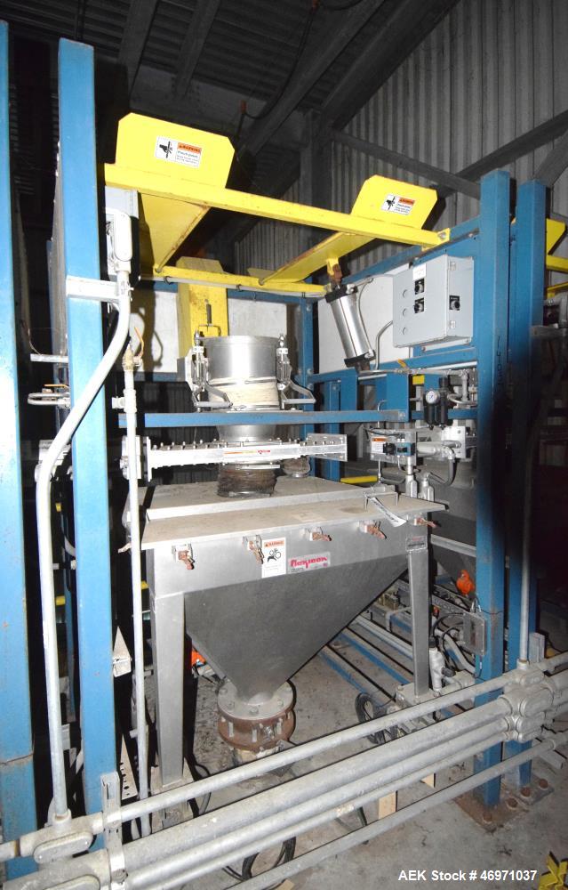 Used Flexicon BFH-C-X Half Frame. Includes (2) air operated bag holders, (1) Tele-Tube telescoping tube, (1) Salina Vortex slide valve, (1) Flexicon agitated hopper, (1) ball valve. Mounted on a carb...